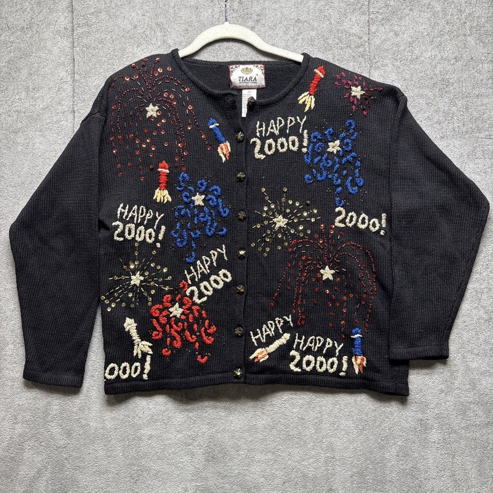 Vtg 90s Cardigan Large Black New Years Eve Sweater 1999 Y2K‎ Embroidered
